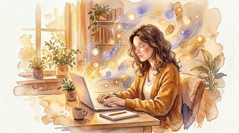 Watercolor illustration of a person at a laptop with glowing ideas drifting upward