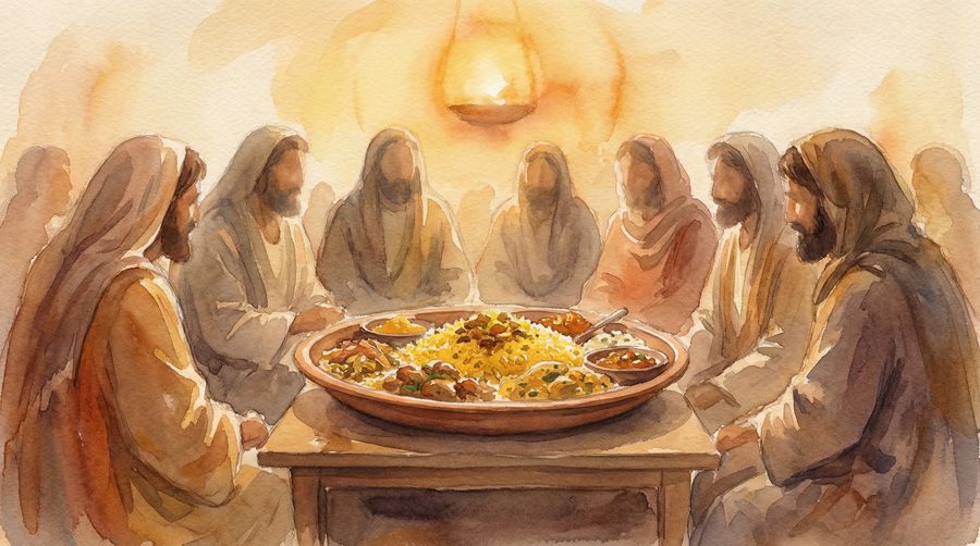 Watercolor illustration of a large communal platter on a low table surrounded by people standing together for a farewell feast