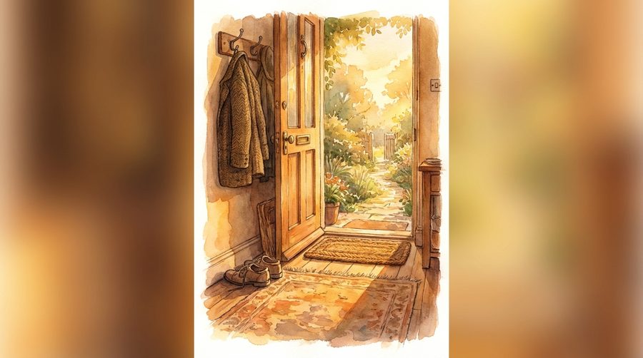 Watercolor illustration of an open front door with golden evening light streaming in and shoes by the doormat