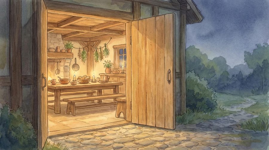Watercolor illustration of an open kitchen door with warm light spilling out and a table set for anyone who arrives