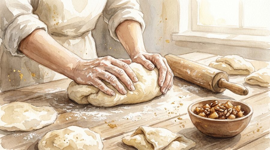 Watercolor illustration of flour-dusted hands with a rolling pin shaping dough in meditative focus