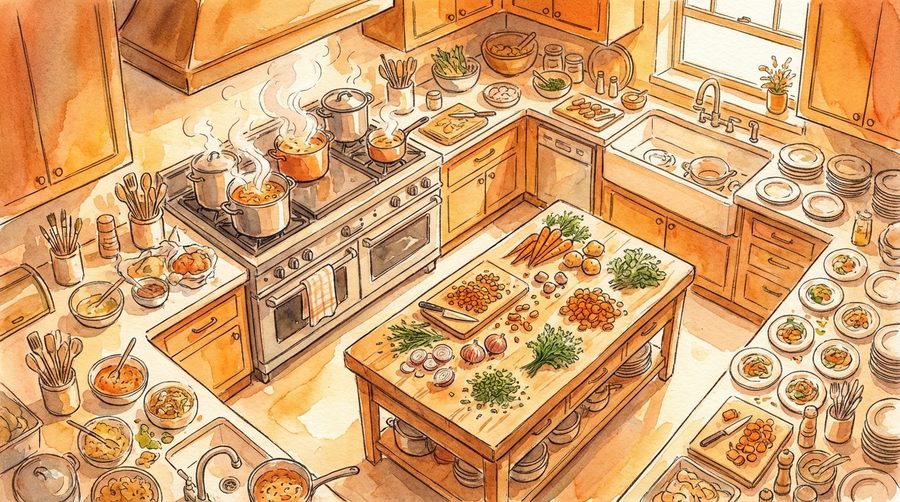 Watercolor illustration of a bustling kitchen from above with multiple pots steaming during feast preparation