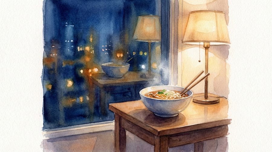 Watercolor illustration of a single bowl of noodles by a window at night with city lights and peaceful solitude