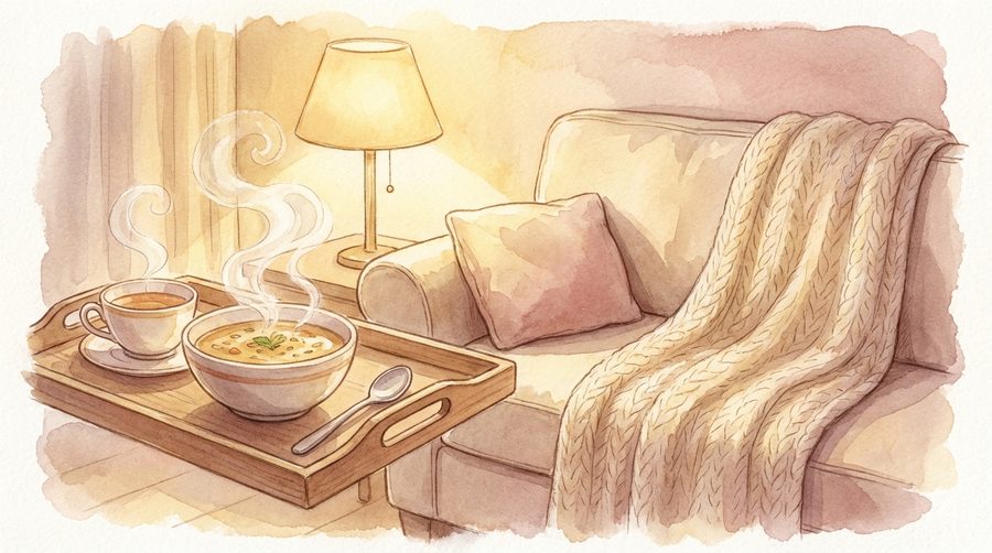 Watercolor illustration of a warm bowl of soup on a tray being carried toward a couch with a blanket