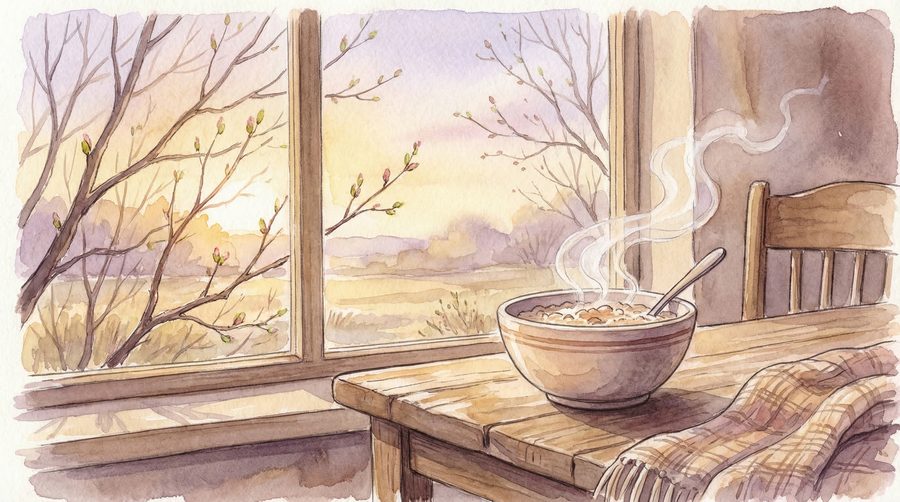 Watercolor illustration of a steaming bowl on a table by a window showing the first morning light of a new season