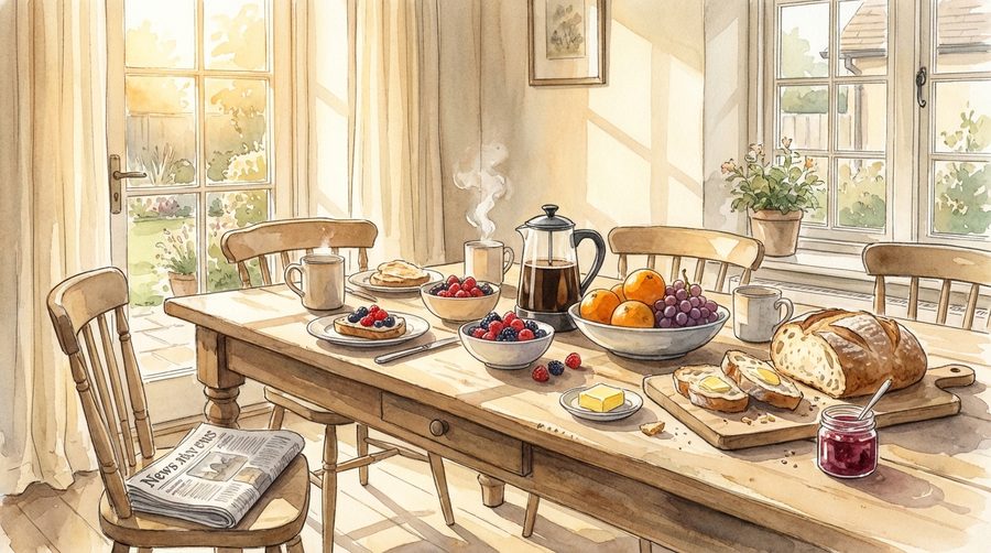Watercolor illustration of a sunlit breakfast table with a coffee pot and fresh fruit on a Sunday morning