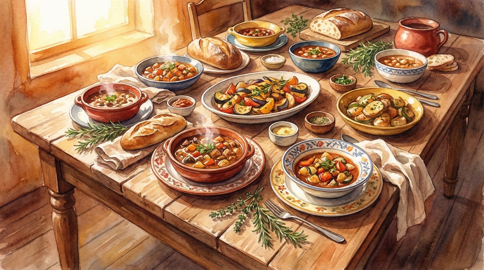 Watercolor illustration of a long wooden kitchen table from above with mismatched cultural bowls, steam rising, warm golden light