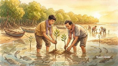Watercolor illustration of Cambodian fishermen planting mangrove saplings in coastal shallows