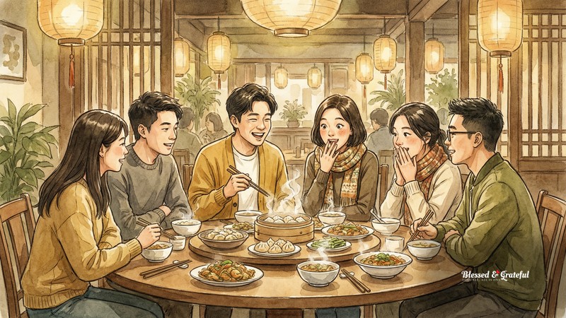 Watercolor illustration of diverse young people sharing a meal around a round table in a warm Chinese restaurant with paper lanterns