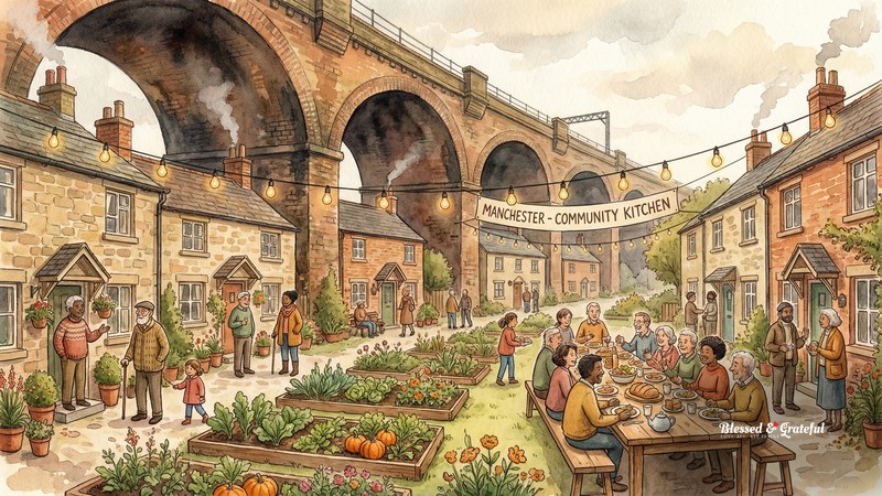 Watercolor illustration of a cozy village of homes under Victorian brick railway arches in Manchester with diverse residents sharing a communal meal