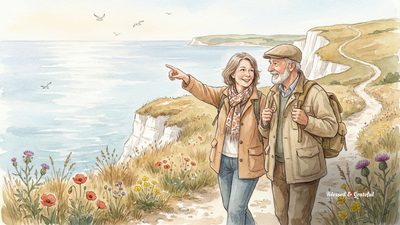 Watercolor of two friends walking along the chalk cliffs of southern England, pointing toward the shimmering English Channel