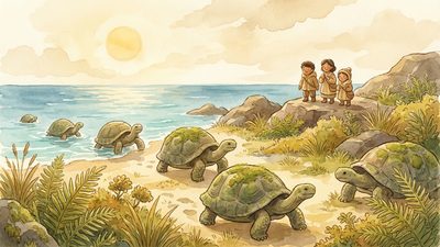 Watercolor of giant tortoises walking across a sunlit volcanic island with lush green vegetation and ocean in the background