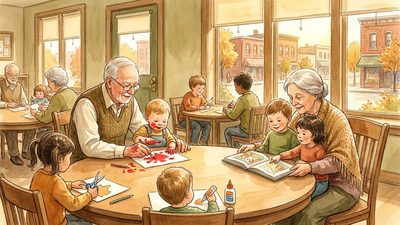 Watercolor of elderly people and small children sitting together at a round table in a bright community room, reading books and doing arts and crafts