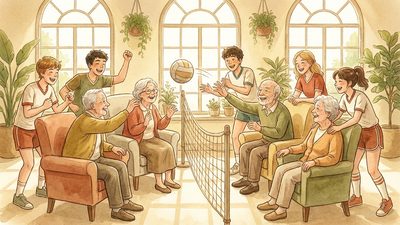Watercolor illustration of seniors and teenagers playing chair volleyball together in a sunny community room