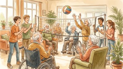 Watercolor of seniors and high school students playing chair volleyball together in a bright community room