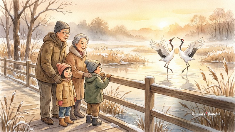 Watercolor illustration of a Japanese family standing in a misty Hokkaido wetland at dawn, watching a pair of red-crowned cranes dance in the shallow water