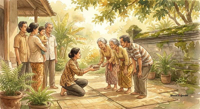 Warm watercolor illustration of Indonesian volunteers in batik clothing releasing Wolbachia mosquitoes in Yogyakarta, Prambanan temple spires in the background, rice paddies and palm trees, golden dawn light