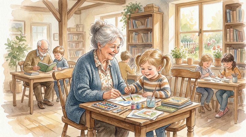 Watercolor of a grandmother and child painting