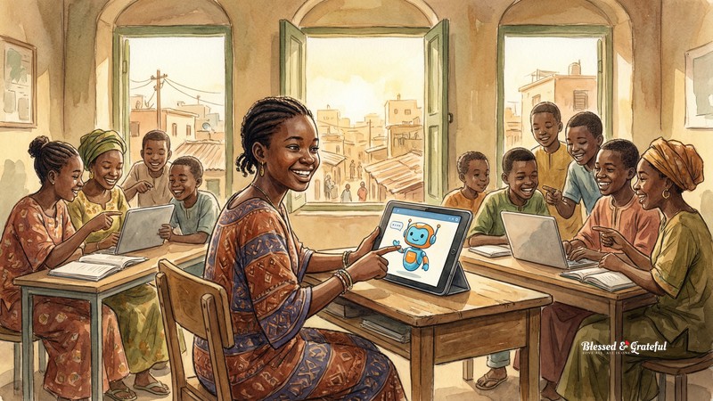 Watercolor illustration of Senegalese students gathered around tablets in a sunlit community learning space in Dakar