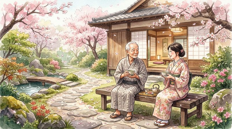 Watercolor of a serene Japanese garden