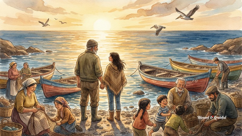Watercolor illustration of a Chilean fishing community on a rocky Pacific island shore at golden hour, a fisherman and his daughter standing at the water's edge watching the vast ocean