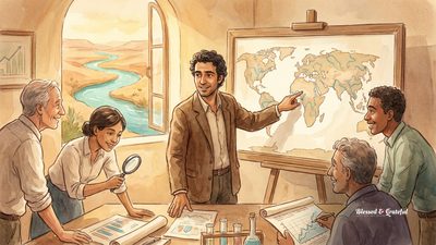 Watercolor illustration of a Middle Eastern scientist standing before a world river map with diverse colleagues gathered around, warm golden light filling a sunlit office