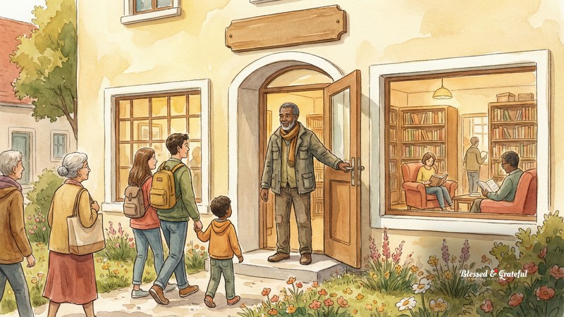 Watercolor illustration of a man holding open the door of a transformed building as people approach with hope