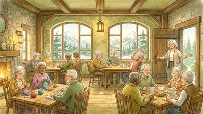 Watercolor of elderly people gathering in a cozy community room inside a stone armory building with Colorado mountains visible through windows