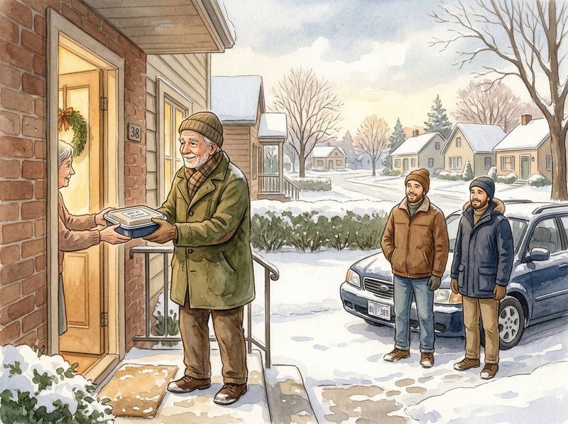 Watercolor of an elderly man delivering meals to a neighbor while his sons watch from the car