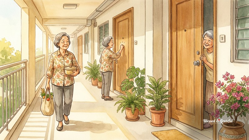 Watercolor illustration of a Singaporean senior woman delivering groceries to a neighbor in a bright HDB corridor, tropical plants nearby, warm golden tones