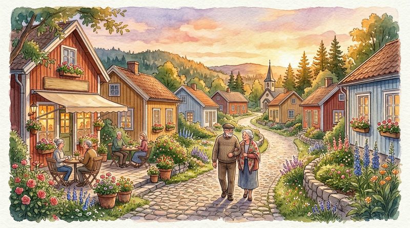 Watercolor of a warm Scandinavian village