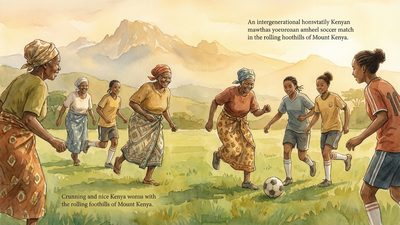 Watercolor of Kenyan grandmothers joyfully playing soccer on green fields with Mount Kenya foothills in the background