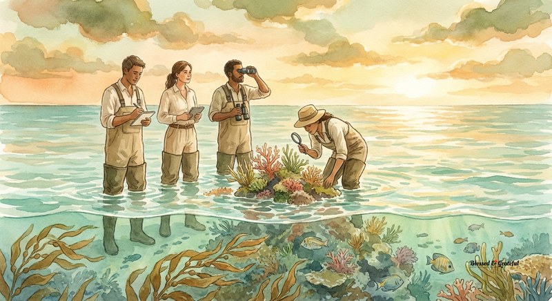 Watercolor illustration of marine scientists and coastal community members celebrating on a sunlit dock, pointing toward the ocean