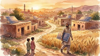 Watercolor of a Pakistani village at golden hour, rooftops covered with solar panels, a farmer carrying panels through a wheat field, children watching nearby
