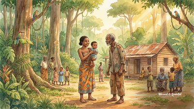 Warm watercolor illustration of West African villagers gathered at the edge of a lush tropical rainforest on Príncipe Island