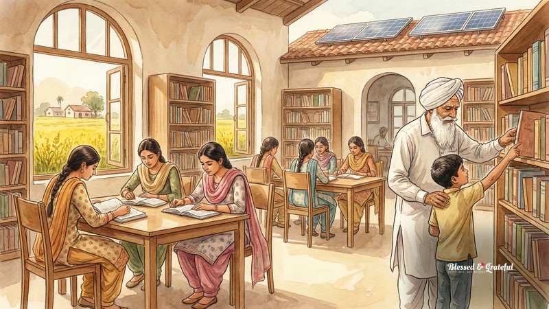 Watercolor illustration of young Indian women reading in a bright modern library in rural Punjab, with mustard fields visible through the window