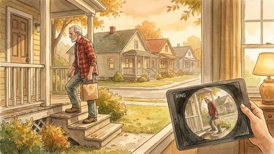 Watercolor of an elderly man in a red flannel shirt climbing porch steps to deliver food in a small Tennessee neighborhood