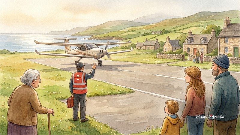 Watercolor illustration of a small electric aircraft landing on a Scottish Highland runway with stone cottages, rolling green hills, and villagers watching