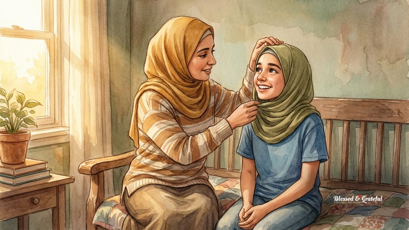 Watercolor illustration of a young woman gently adjusting a soft hijab on her teenage sister's head in a warm sunlit room