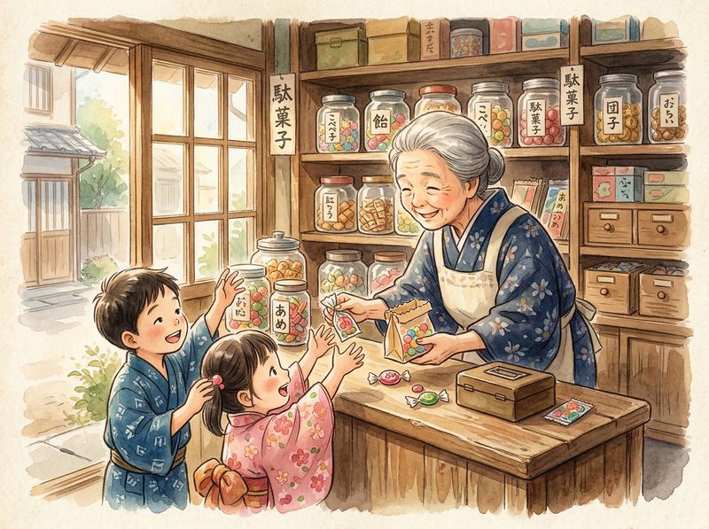 Watercolor of an elderly Japanese woman handing colorful sweets to children in a traditional candy shop