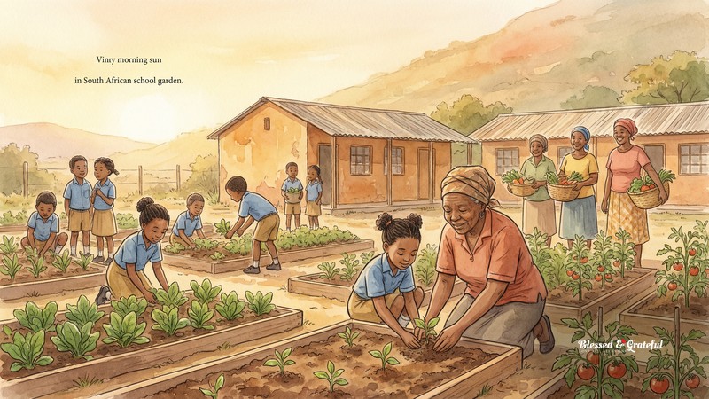 Watercolor illustration of South African school children tending vegetable rows with a teacher, warm golden morning light over township school gardens