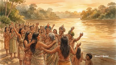 Watercolor of Indigenous people from the Amazon celebrating together on the bank of the Tapajós River at golden hour, arms raised in joy