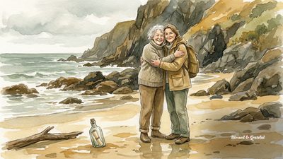 Watercolor of two women embracing on a rugged Tasmanian beach, a weathered glass bottle resting in the sand nearby