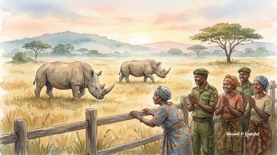 Watercolor of Ugandan rangers and community members watching two Southern White Rhinos walk across the golden savannah of Kidepo Valley at dawn