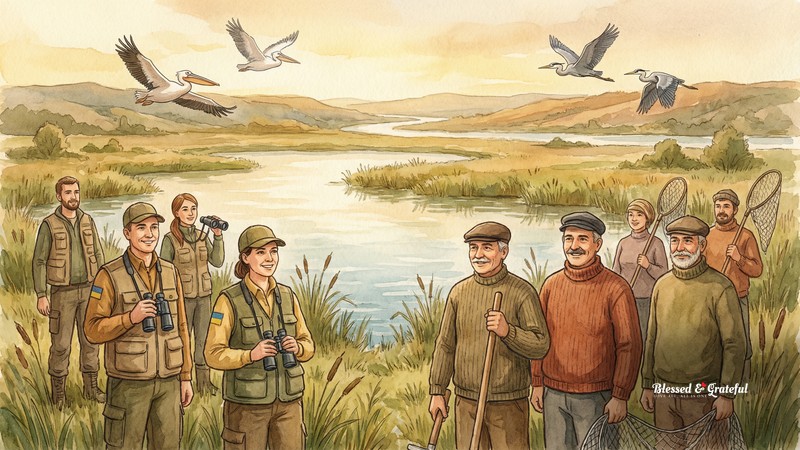 Watercolor illustration of Ukrainian conservation workers and fishermen on the banks of a restored wetland lake with pelicans and herons overhead