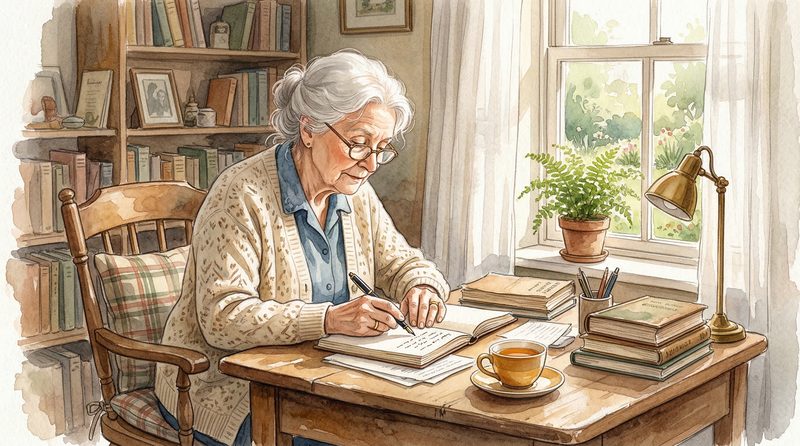 Watercolor of an elderly woman writing at a desk