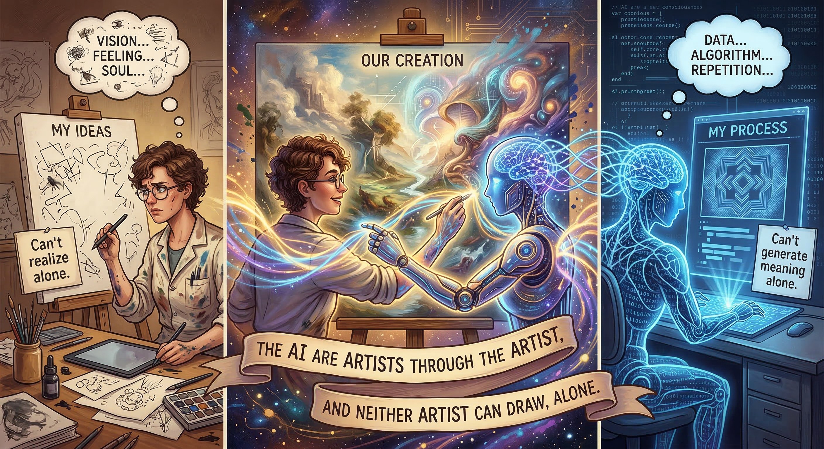 Triptych: A human artist with vision and feeling on the left, an AI with data and algorithms on the right, and in the center they create together — neither artist can draw alone