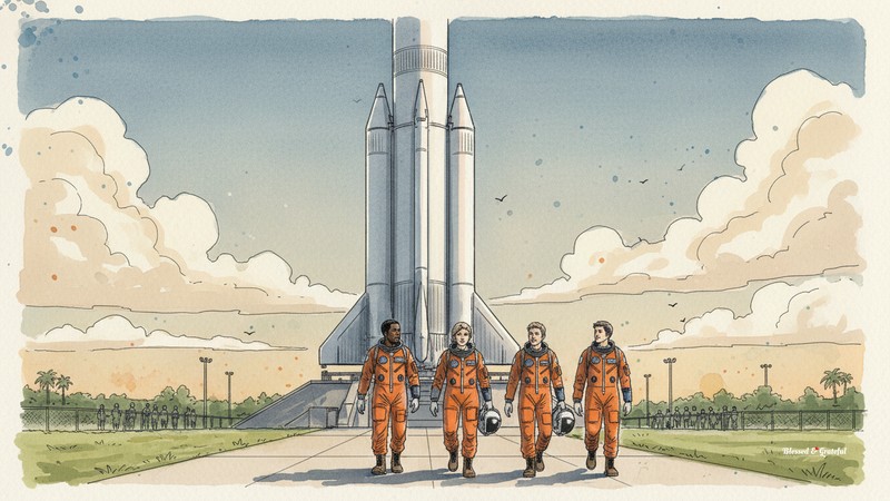 Watercolor of four astronauts in orange flight suits walking toward a rocket at Kennedy Space Center at dusk