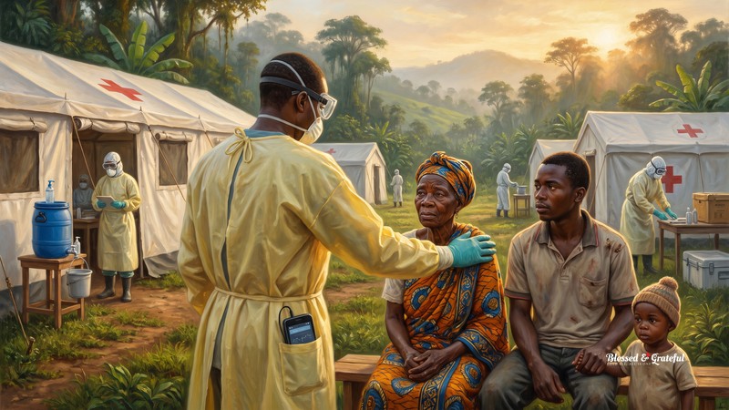 A narrative-realist painting at golden hour outside an Ebola treatment centre near Bunia in eastern DR Congo: a Congolese health worker in full protective gear rests a gloved hand on the shoulder of a seated older woman in a bright printed dress waiting outside a white tented ward, a young man and a small child beside her; more red-cross-marked tents, a hand-washing barrel and masked workers stand behind, with the green hills of Ituri in the distance.