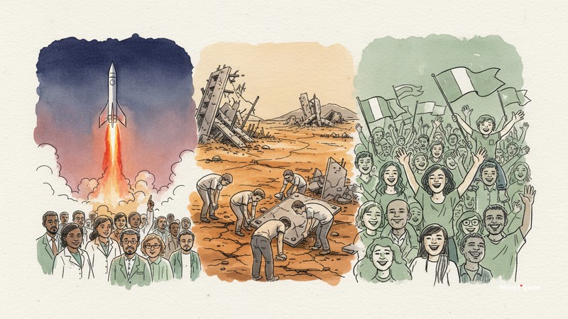 Watercolor panorama: rocket launching into twilight, earthquake rubble in center, jubilant crowds waving flags on right